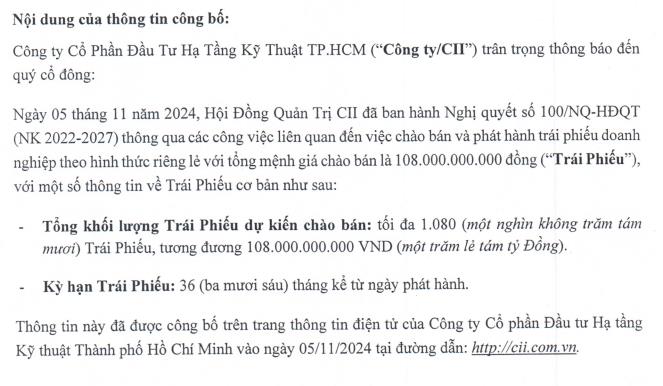 Vừa huy động th&#224;nh c&#244;ng 300 tỷ đồng tr&#225;i phiếu, Đầu tư Hạ tầng Kỹ thuật TP.HCM (CII) lại muốn gọi vốn từ tr&#225;i phiếu - Ảnh 1