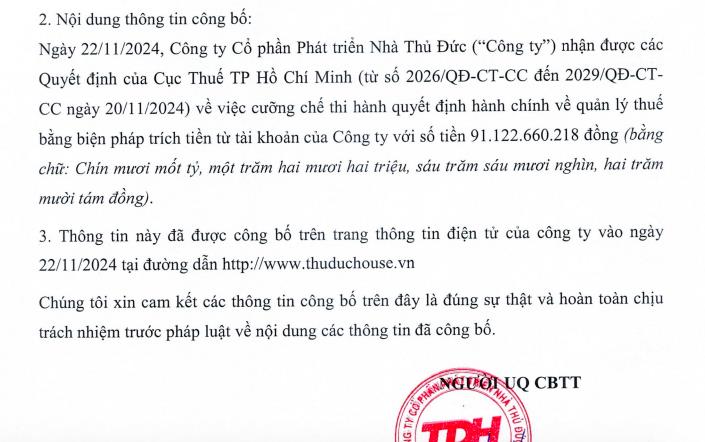 Thuduc House (TDH) bị cưỡng chế thuế hơn 91,1 tỷ đồng - Ảnh 1