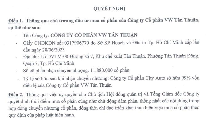 City Auto (CTF) sắp mua 11,88 triệu cổ phiếu của C&#244;ng ty VW T&#226;n Thuận, n&#226;ng sở hữu l&#234;n 99% vốn điều lệ - Ảnh 1