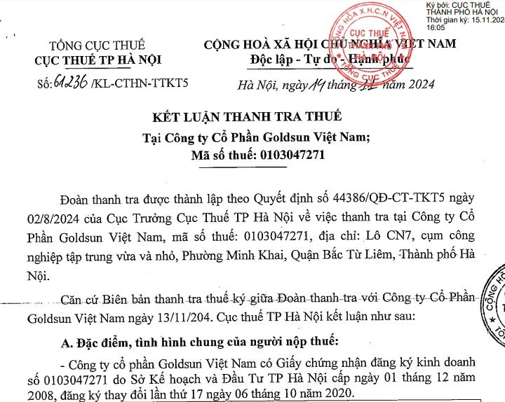 Vướng nhiều sai phạm, C&#244;ng ty Goldsun Việt Nam bị Cục thuế H&#224; Nội phạt, truy thu thuế hơn 108 triệu đồng, y&#234;u cầu giảm lỗ 69 tỷ - Ảnh 1