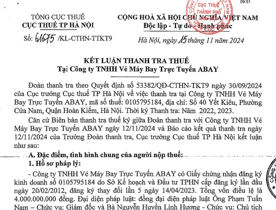 Sau thanh tra, c&#244;ng ty v&#233; m&#225;y bay trực tuyến ABAY bị phạt v&#224; truy thu hơn 1,3 tỷ đồng tiền thuế - Ảnh 1