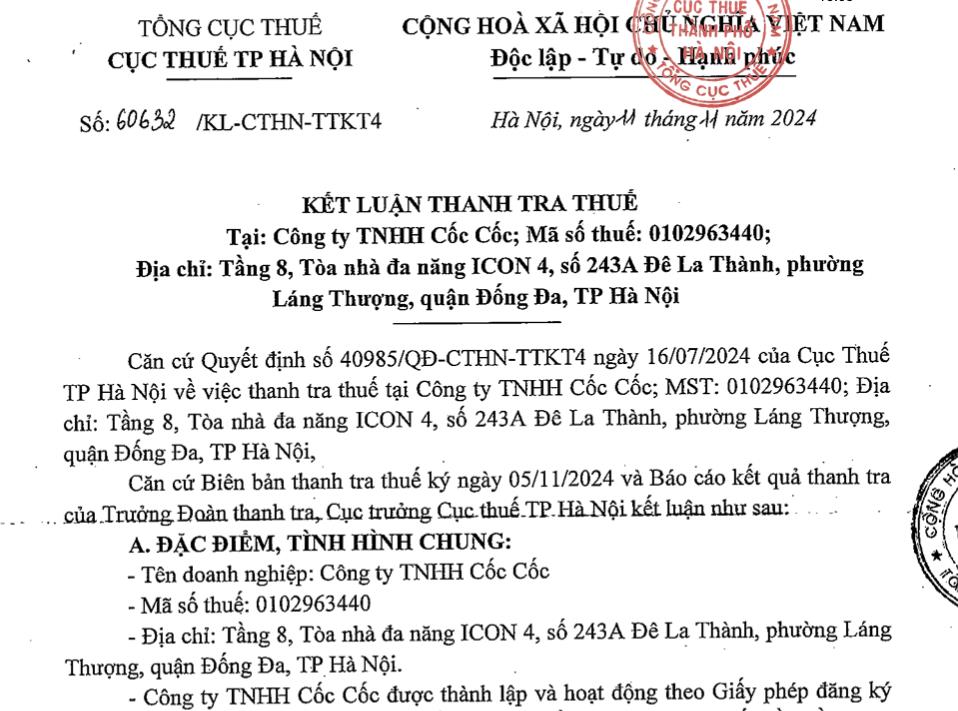 Vi phạm thuế v&#224; sử dụng ho&#225; đơn, c&#244;ng ty Cốc Cốc bị phạt v&#224; truy thu hơn 746 triệu đồng - Ảnh 1