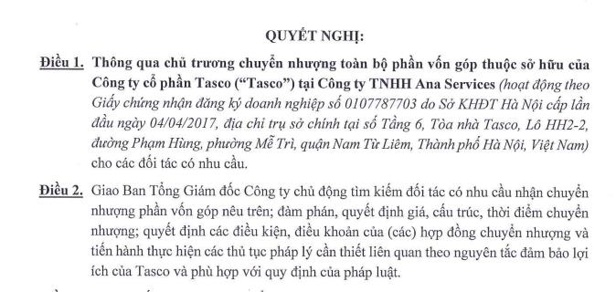 Tasco (HUT) muốn thoái toàn bộ vốn tại Ana Services, lên kế hoạch huy động 500 tỷ đồng từ trái phiếu - Ảnh 1 Tasco (HUT) muốn thoái toàn bộ vốn tại Ana Services, lên kế hoạch huy động 500 tỷ đồng từ trái phiếu - Ảnh 1