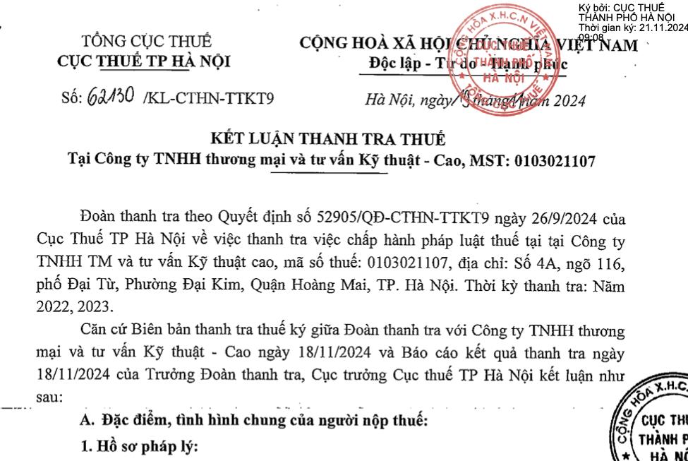  Vi phạm thuế, C&#244;ng ty TNHH thương mại v&#224; tư vấn Kỹ thuật - Cao bị phạt, truy thu thuế hơn 1,1 tỷ đồng - Ảnh 1