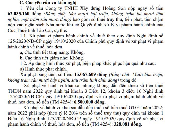 Khai sai thuế, C&#244;ng ty TNHH X&#226;y dựng Ho&#224;ng Sơn bị truy thu v&#224; phạt h&#224;nh ch&#237;nh  - Ảnh 2