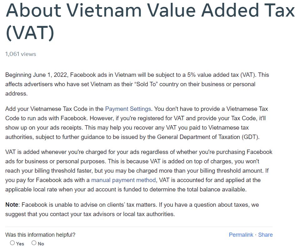 To&agrave;n văn th&ocirc;ng b&aacute;o về vấn đề thuế VAT tại Việt Nam của Facebook.&nbsp;