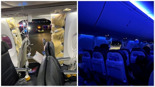 Cảnh tượng khoang cabin m&aacute;y bay Boeing 737 Max-9 của Alaska Airlines hạ c&aacute;nh khẩn cấp. &nbsp;