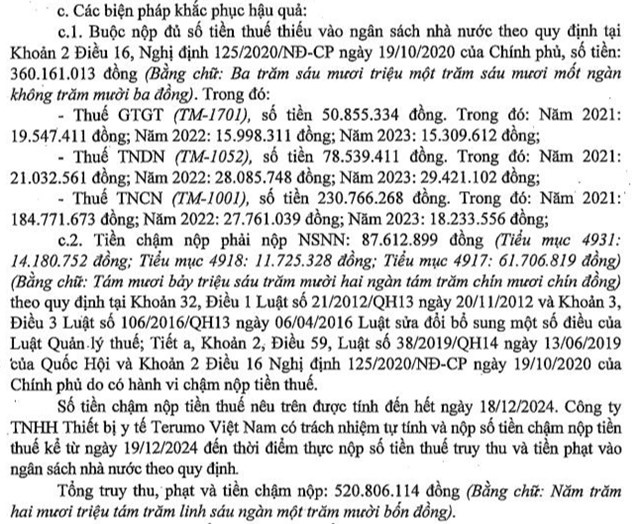 Vi phạm thuế, Thiết bị y tế Terumo Việt Nam bị phạt, truy thu thuế hơn 520 triệu đồng - Ảnh 5