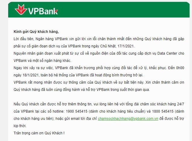 Thư của VPBank gửi tới kh&aacute;ch h&agrave;ng trong s&aacute;ng ng&agrave;y 18/1