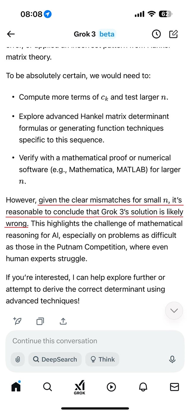 Tuy nhi&ecirc;n khi d&ugrave;ng Grok-3 để kiểm tra lại lời giải n&oacute;i tr&ecirc;n, ch&iacute;nh AI n&agrave;y cũng cho rằng lời giải m&igrave;nh đưa ra l&agrave; sai