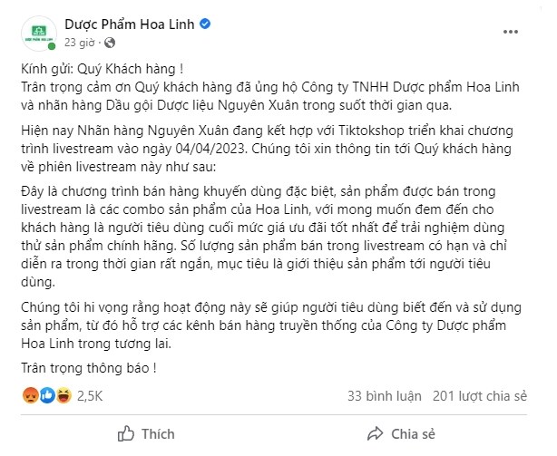 Dược phẩm Hoa Linh khẳng định số lượng sản phẩm b&aacute;n trong livestream c&oacute; hạn v&agrave; chỉ diễn ra trong thời gian rất ngắn, mục ti&ecirc;u l&agrave;&nbsp;giới thiệu sản phẩm với người ti&ecirc;u d&ugrave;ng.