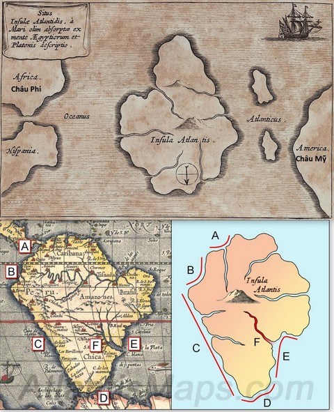 Bản đồ ph&aacute;c họa của Athanasius Kircher (tr&ecirc;n) v&agrave; sự giống nhau so với Nam Mỹ tr&ecirc;n bản đồ của Ortelius (dưới)