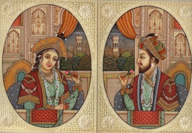 Ảnh vua Shah Jahan v&agrave; Ho&agrave;ng hậu Mumtaz Mahal trong đền.
