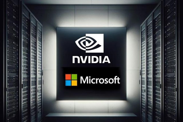 Minh họa hệ thống m&aacute;y chủ, giữa l&agrave; logo Nvidia v&agrave; Microsoft. Ảnh: Windows Report