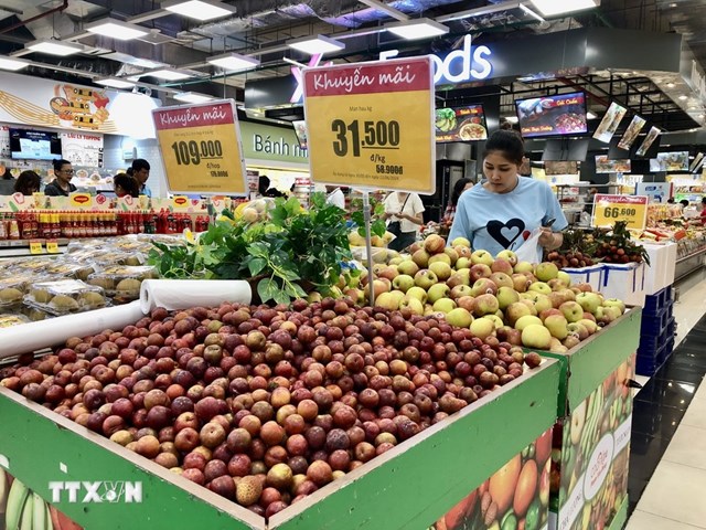 Sản phẩm mận hậu của miền Bắc được b&aacute;n với gi&aacute; khuyến m&atilde;i tại si&ecirc;u thị Th&agrave;nh phố Hồ Ch&iacute; Minh. (Ảnh: Mỹ Phương/TTXVN) &nbsp; &nbsp;