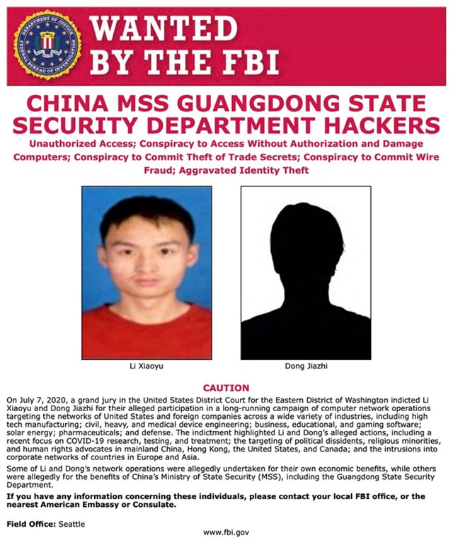 FBI "truy n&atilde;" 2 hacker người Trung Quốc l&agrave; Li Xiaoyu v&agrave; Dong Jiazhi. Ảnh:&nbsp;FBI.