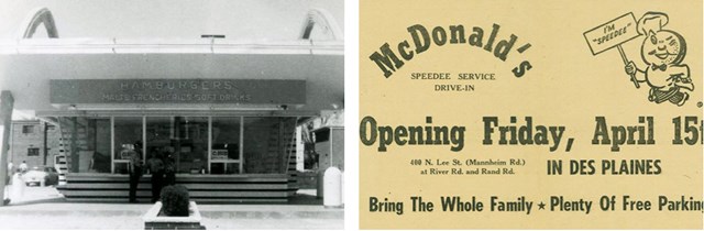 Nh&agrave; h&agrave;ng McDonald's đầu ti&ecirc;n của Ray Kroc ở Des Plaines, Illinois ngay trước khi khai trương v&agrave;o ng&agrave;y 15 th&aacute;ng 4 năm 1955. V&agrave; quảng c&aacute;o tr&ecirc;n b&aacute;o th&ocirc;ng b&aacute;o việc mở cửa h&agrave;ng McDonald's đầu ti&ecirc;n của Ray Kroc.