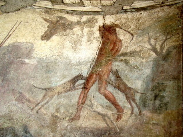 Nô lệ bị mang ra đấu trường với những con thú hoang dã, hung tợn - Bức tranh vẽ cổ trong đống tàn tích còn sót lại ở Pompeii.