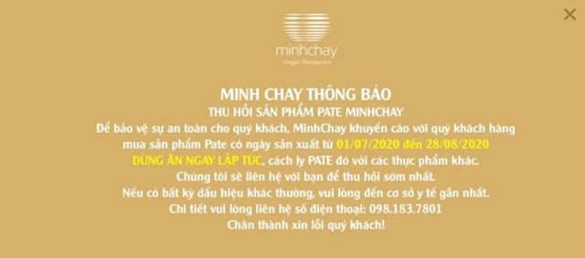 Th&ocirc;ng b&aacute;o hiển thị tr&ecirc;n trang web ch&iacute;nh thức của Pate Minh Chay