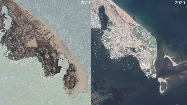 Khoảng 200 m&eacute;t bờ biển ở biển Cửa Đại, gần thị x&atilde; Hội An, đ&atilde; biến mất trong 10 năm qua. Ngu&ocirc;̀n: Google Earth
