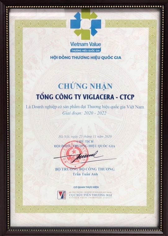 Bằng chứng nhận Viglacera l&agrave; Doanh nghiệp c&oacute; sản phẩm đạt Thương hiệu Quốc gia Việt Nam
