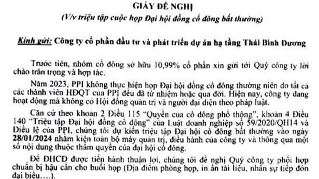 Nh&#243;m cổ đ&#244;ng C&#244;ng ty Đầu tư v&#224; Ph&#225;t triển Dự &#225;n Hạ tầng Th&#225;i B&#236;nh Dương (PPI) đề nghị họp Đại hội cổ đ&#244;ng bất thường - Ảnh 1