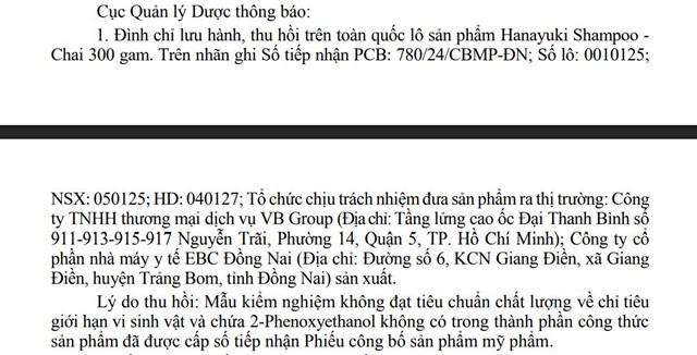 Thu hồi to&#224;n quốc l&#244; dầu gội Hanayuki Shampoo do c&#244;ng ty chồng ca sĩ Đo&#224;n Di Băng ph&#226;n phối - Ảnh 2