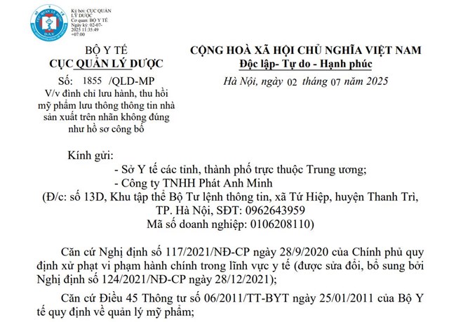 Quyết định 1855/QLD-MP về việc đ&igrave;nh chỉ lưu h&agrave;nh, thu hồi tr&ecirc;n to&agrave;n quốc 2 sản phẩm mỹ phẩm của C&ocirc;ng ty TNHH Ph&aacute;t Anh Minh.