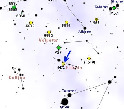 Vị tr&iacute; cụm sao&nbsp;cầu Messier 71. Ảnh: Wikipedia