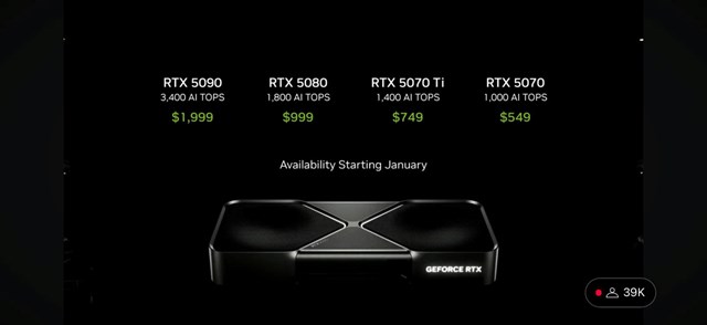 NVIDIA c&ocirc;ng c&aacute;c mức gi&aacute; của từng ph&acirc;n kh&uacute;c card đồ hoạ mới nhất tại CES 2025 trong buổi livestream s&aacute;ng nay 7.1.2025