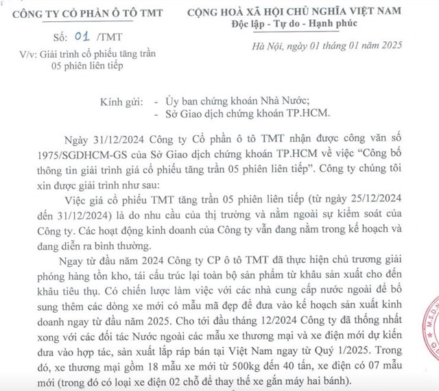 Lỗ hơn 191 tỷ đồng sau 9 th&#225;ng, &#212; t&#244; TMT l&#234;n tiếng giải tr&#236;nh việc cổ phiếu tăng trần li&#234;n tiếp - Ảnh 1