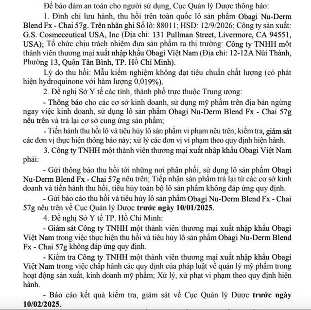Bộ Y tế ra văn bản đ&#236;nh chủ lưu h&#224;nh, thu hồi ti&#234;u huỷ tr&#234;n to&#224;n quốc hai l&#244; sản phẩm của h&#227;ng mỹ phẩm Obagi - Ảnh 2