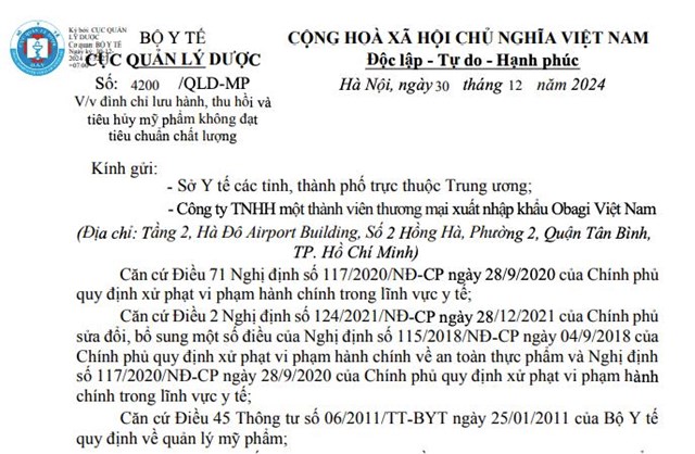 Bộ Y tế ra văn bản đ&#236;nh chủ lưu h&#224;nh, thu hồi ti&#234;u huỷ tr&#234;n to&#224;n quốc hai l&#244; sản phẩm của h&#227;ng mỹ phẩm Obagi - Ảnh 1