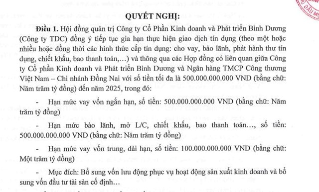 C&#244;ng ty Kinh doanh v&#224; Ph&#225;t triển B&#236;nh Dương (TDC) muốn vay 500 tỷ đồng để bổ sung vốn - Ảnh 1