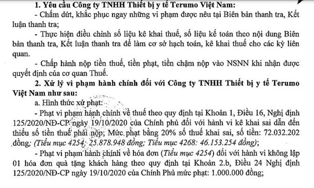 Vi phạm thuế, Thiết bị y tế Terumo Việt Nam bị phạt, truy thu thuế hơn 520 triệu đồng - Ảnh 4