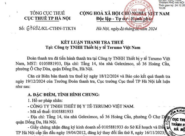 Vi phạm thuế, Thiết bị y tế Terumo Việt Nam bị phạt, truy thu thuế hơn 520 triệu đồng - Ảnh 1