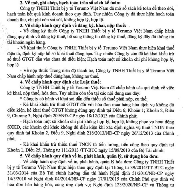 Vi phạm thuế, Thiết bị y tế Terumo Việt Nam bị phạt, truy thu thuế hơn 520 triệu đồng - Ảnh 2