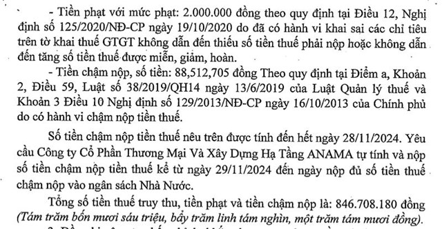 Sai phạm thuế, C&#244;ng ty Thương mại v&#224; X&#226;y dựng hạ tầng Anama bị phạt v&#224; truy thu thuế gần 850 triệu đồng - Ảnh 4