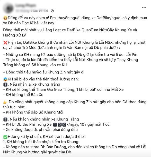 Người d&#249;ng phản &#225;nh xe Dat Bike đi chưa được một năm đ&#227; gỉ, nứt khung sườn; h&#227;ng thay lại mới nhưng kh&#244;ng c&#243; số khung - Ảnh 2