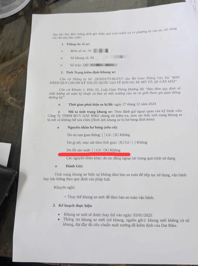 Người d&#249;ng phản &#225;nh xe Dat Bike đi chưa được một năm đ&#227; gỉ, nứt khung sườn; h&#227;ng thay lại mới nhưng kh&#244;ng c&#243; số khung - Ảnh 1