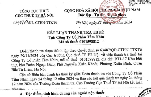 Vi phạm thuế, C&#244;ng ty cổ phần Tầm Nh&#236;n bị phạt, truy thu hơn 265 triệu đồng - Ảnh 1