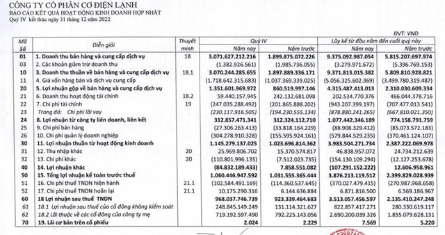 Kết quả kinh doanh qu&yacute; IV/2022 của REE