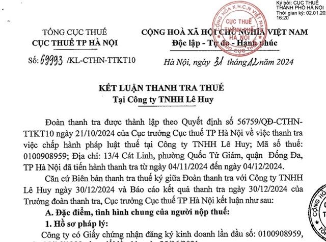 C&#244;ng ty TNHH L&#234; Huy vướng loạt vi phạm thuế, bị phạt v&#224; truy thu gần 740 triệu đồng - Ảnh 1