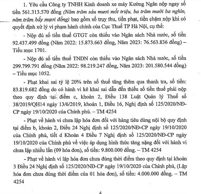 Sai phạm thuế, h&#243;a đơn, C&#244;ng ty Kinh doanh xe m&#225;y Kường Ng&#226;n bị phạt v&#224; truy thu hơn 561 triệu đồng - Ảnh 4