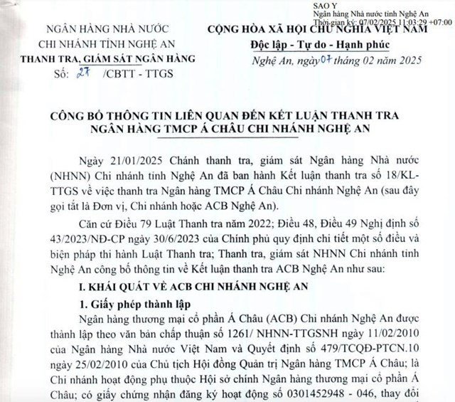 Thanh tra Ng&#226;n h&#224;ng Nh&#224; nước ph&#225;t hiện hạn chế, thiếu s&#243;t trong hoạt động cho vay tại ng&#226;n h&#224;ng ACB chi nh&#225;nh Nghệ An - Ảnh 1