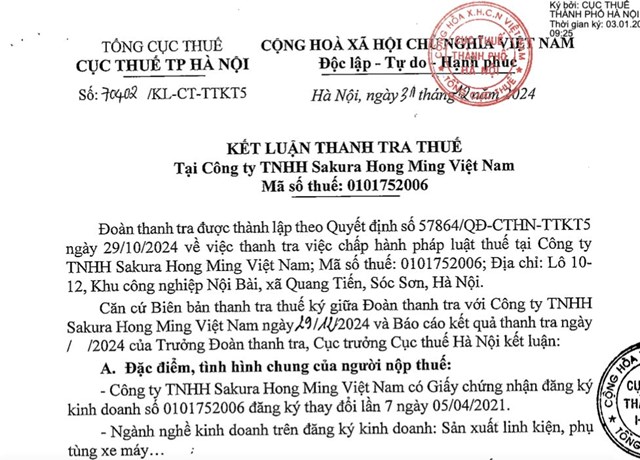 Vướng vi phạm thuế, c&#244;ng ty sản xuất linh kiện, phụ t&#249;ng xe m&#225;y Sakura Hong Ming Việt Nam bị phạt, truy thu hơn 530 triệu đồng - Ảnh 1