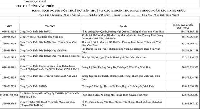 C&#244;ng ty Đầu tư VCI đứng đầu danh s&#225;ch nợ tiền thuế ở tỉnh VĨnh Ph&#250;c với hơn 154 tỷ đồng - Ảnh 1