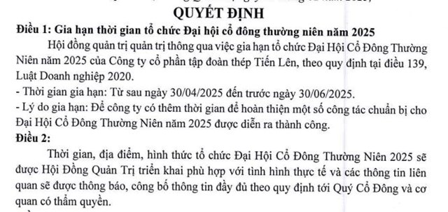 Lỗ kỷ lục năm 2024, Th&#233;p Tiến L&#234;n (TLH) gia hạn thời gian tổ chức Đại hội đồng cổ đ&#244;ng năm 2025 - Ảnh 1