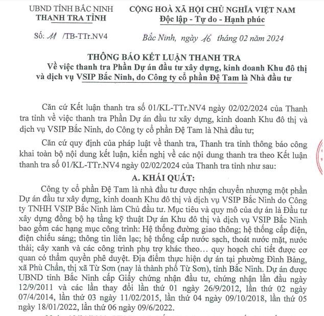 Thanh tra chỉ r&#245; nhiều sai phạm của C&#244;ng ty cổ phần B&#236;nh Dương v&#224; Đệ Tam tại dự &#225;n VSIP Bắc Ninh - Ảnh 1