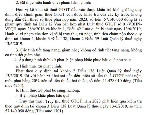 Khai sai số thuế gi&#225; trị gia tăng đầu v&#224;o được khấu trừ, C&#244;ng ty Thuỷ điện Vĩnh Sơn – S&#244;ng Hinh (VSH) bị xử phạt gần 77 triệu đồng - Ảnh 2